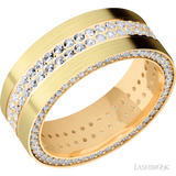 8 mm wide/Flat/14K Yellow Gold band with a Side Eternity arrangement of .01 carat Round Diamond stones in a Bead Channel setting and featuring a a 2 Row Eternity arrangement of .015 carat Round Diamond stones in a Bead Channel setting