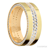 8 mm wide/Flat/14K Yellow Gold band with a Side Eternity arrangement of .01 carat Round Diamond stones in a Bead Channel setting and featuring a a 2 Row Eternity arrangement of .015 carat Round Diamond stones in a Bead Channel setting