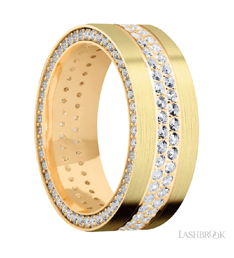 8 mm wide/Flat/14K Yellow Gold band with a Side Eternity arrangement of .01 carat Round Diamond stones in a Bead Channel setting and featuring a a 2 Row Eternity arrangement of .015 carat Round Diamond stones in a Bead Channel setting