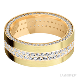 8 mm wide/Flat/14K Yellow Gold band with a Side Eternity arrangement of .01 carat Round Diamond stones in a Bead Channel setting and featuring a a 2 Row Eternity arrangement of .015 carat Round Diamond stones in a Bead Channel setting
