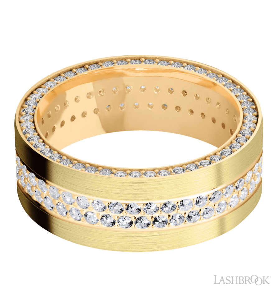 8 mm wide/Flat/14K Yellow Gold band with a Side Eternity arrangement of .01 carat Round Diamond stones in a Bead Channel setting and featuring a a 2 Row Eternity arrangement of .015 carat Round Diamond stones in a Bead Channel setting