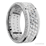 10 mm wide/High Bevel/14K White Gold band with a Bevel Eternity arrangement of .01 carat Round Diamond stones in a Bead setting and featuring a a 3 Row Eternity arrangement of .03 carat Round Diamond stones in a Bead Channel setting