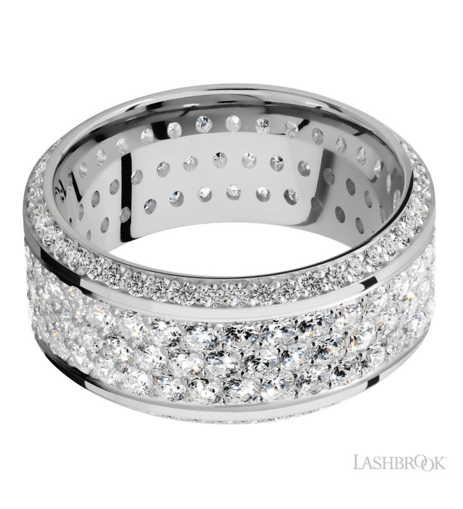 10 mm wide/High Bevel/14K White Gold band with a Bevel Eternity arrangement of .01 carat Round Diamond stones in a Bead setting and featuring a a 3 Row Eternity arrangement of .03 carat Round Diamond stones in a Bead Channel setting
