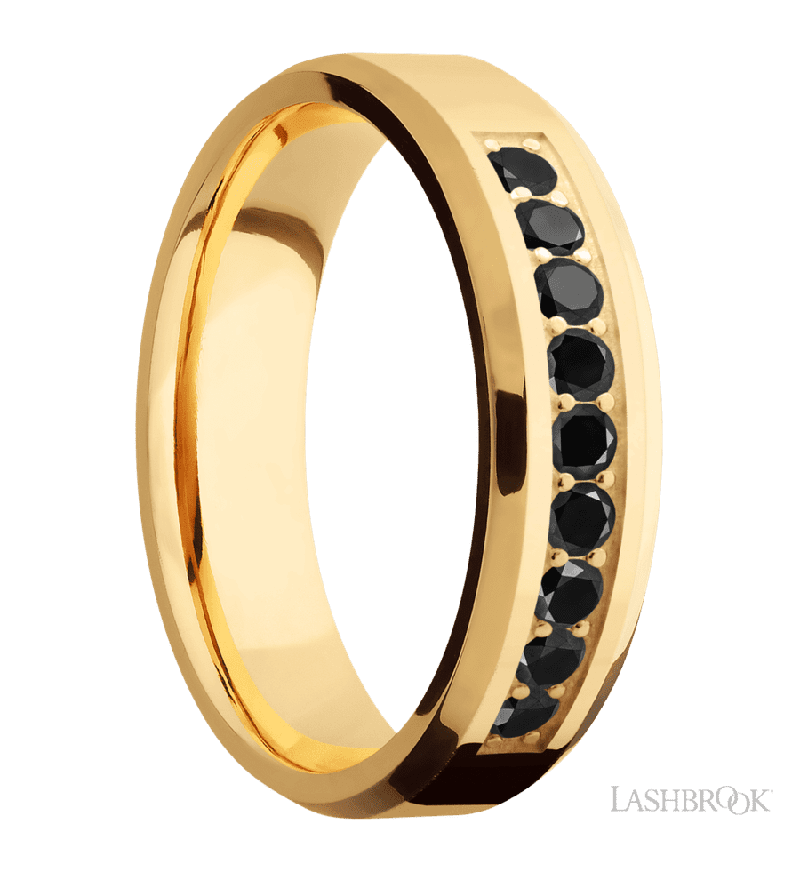 6 mm wide/Beveled/14K Yellow Gold band with an  arrangement of 9, .05 carat Round Black Diamond stones in a Bead Channel setting.