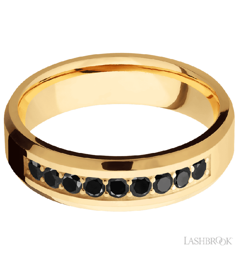 6 mm wide/Beveled/14K Yellow Gold band with an  arrangement of 9, .05 carat Round Black Diamond stones in a Bead Channel setting.