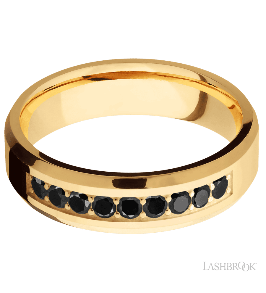 6 mm wide/Beveled/14K Yellow Gold band with an  arrangement of 9, .05 carat Round Black Diamond stones in a Bead Channel setting.