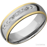 7 mm wide/Domed Stepped Down Edges/Cobalt Chrome band with  two 1 mm Edge inlays of 14K Yellow Gold and featuring an  arrangement of 9, .05 carat Round Diamond stones in a Channel setting