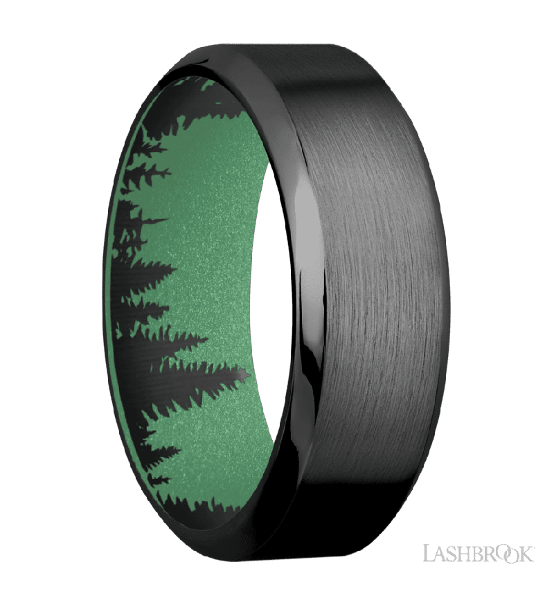 8 mm wide High Bevel Zirconium band featuring a Squatch sleeve.