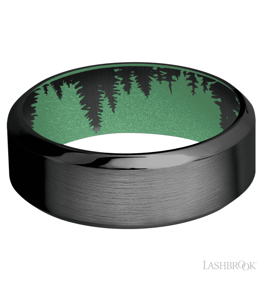 8 mm wide High Bevel Zirconium band featuring a Squatch sleeve.
