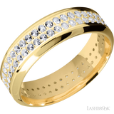 7 mm wide/High Bevel/14K Yellow Gold band with a 2 Row Eternity arrangement of .015 carat Round Diamond stones in a Bead Channel setting.