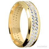 7 mm wide/High Bevel/14K Yellow Gold band with a 2 Row Eternity arrangement of .015 carat Round Diamond stones in a Bead Channel setting.