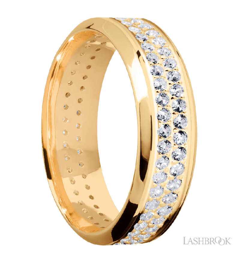 7 mm wide/High Bevel/14K Yellow Gold band with a 2 Row Eternity arrangement of .015 carat Round Diamond stones in a Bead Channel setting.