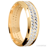 7 mm wide/High Bevel/14K Yellow Gold band with a 2 Row Eternity arrangement of .015 carat Round Diamond stones in a Bead Channel setting.