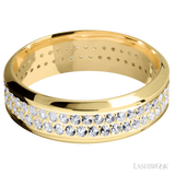 7 mm wide/High Bevel/14K Yellow Gold band with a 2 Row Eternity arrangement of .015 carat Round Diamond stones in a Bead Channel setting.
