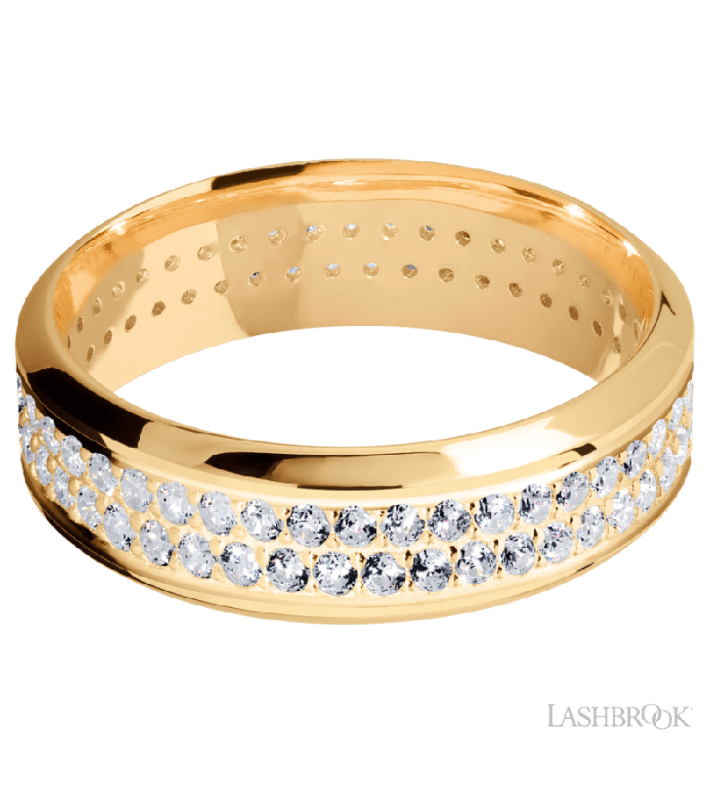 7 mm wide/High Bevel/14K Yellow Gold band with a 2 Row Eternity arrangement of .015 carat Round Diamond stones in a Bead Channel setting.