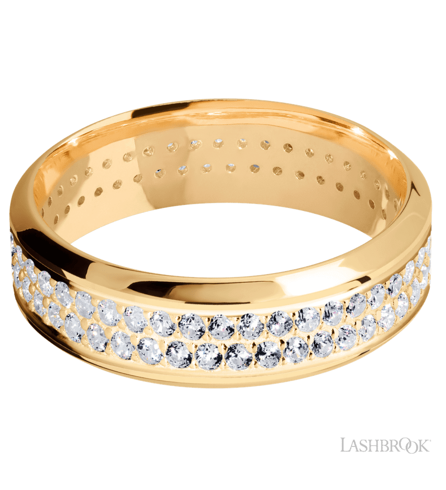 7 mm wide/High Bevel/14K Yellow Gold band with a 2 Row Eternity arrangement of .015 carat Round Diamond stones in a Bead Channel setting.