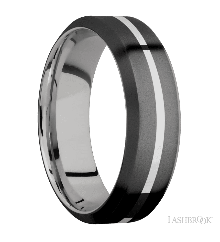 7 mm wide/High Bevel/Zirconium band with one 1 mm Centered inlay of Palladium Silver also featuring a Palladium Silver sleeve.