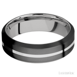 7 mm wide/High Bevel/Zirconium band with one 1 mm Centered inlay of Palladium Silver also featuring a Palladium Silver sleeve.