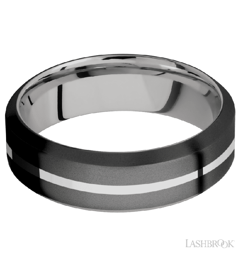 7 mm wide/High Bevel/Zirconium band with one 1 mm Centered inlay of Palladium Silver also featuring a Palladium Silver sleeve.