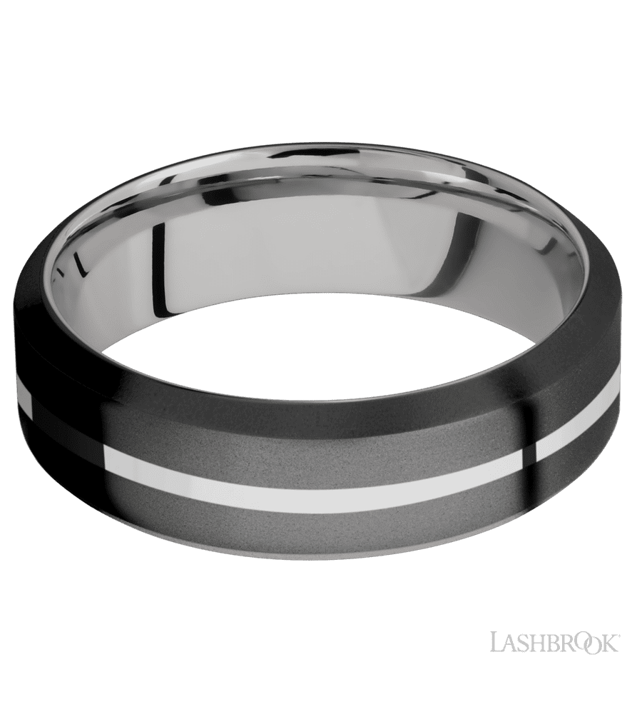 7 mm wide/High Bevel/Zirconium band with one 1 mm Centered inlay of Palladium Silver also featuring a Palladium Silver sleeve.