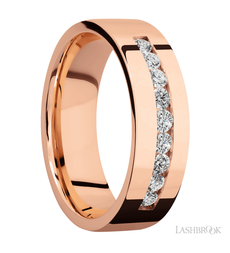 7 mm wide/Flat/14K Rose Gold band with an  arrangement of 9, .05 carat Round Diamond stones in a Channel setting.