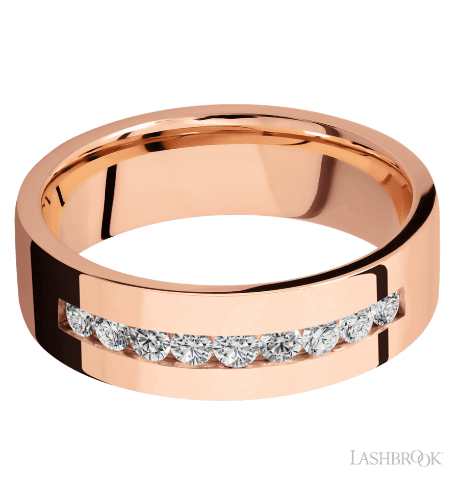 7 mm wide/Flat/14K Rose Gold band with an  arrangement of 9, .05 carat Round Diamond stones in a Channel setting.