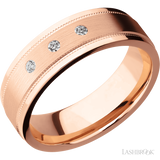 7 mm wide/Flat Stepped Edges Milgrain/14K Rose Gold band with an  arrangement of 3, .03 carat Round Diamond stones in a Flush setting.