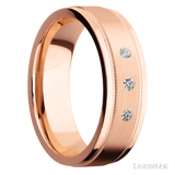 7 mm wide/Flat Stepped Edges Milgrain/14K Rose Gold band with an  arrangement of 3, .03 carat Round Diamond stones in a Flush setting.