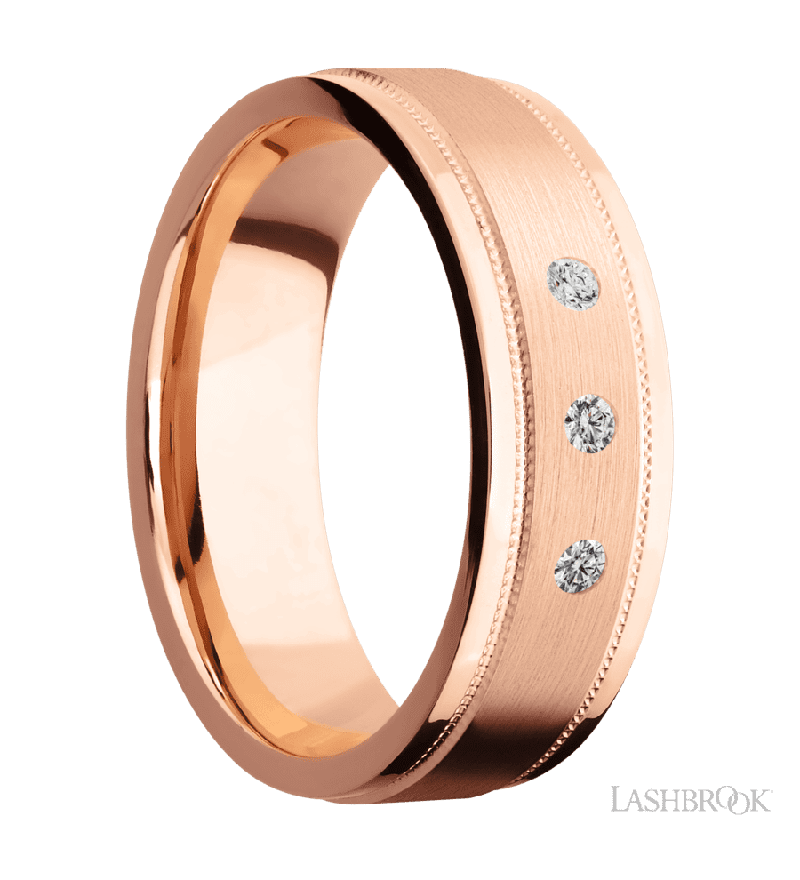 7 mm wide/Flat Stepped Edges Milgrain/14K Rose Gold band with an  arrangement of 3, .03 carat Round Diamond stones in a Flush setting.