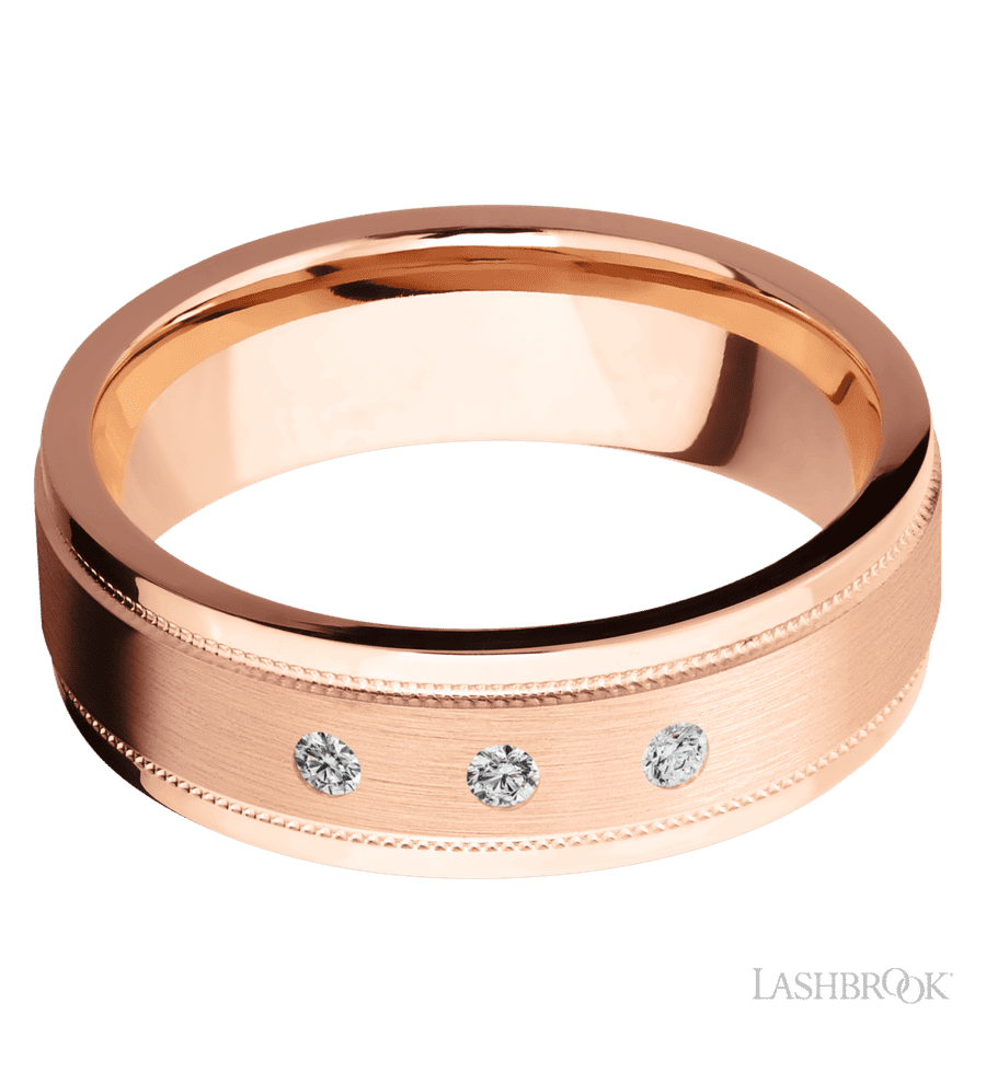 7 mm wide/Flat Stepped Edges Milgrain/14K Rose Gold band with an  arrangement of 3, .03 carat Round Diamond stones in a Flush setting.