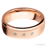 7 mm wide/Flat Stepped Edges Milgrain/14K Rose Gold band with an  arrangement of 3, .03 carat Round Diamond stones in a Flush setting.