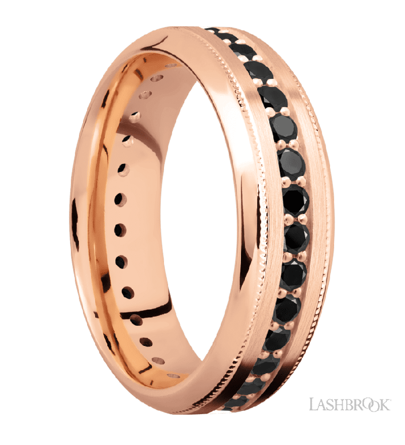 7 mm wide/High Bevel Milgrain/14K Rose Gold band with an Eternity arrangement of .03 carat Round Black Diamond stones in a Bead Channel setting.