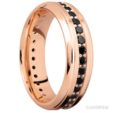 7 mm wide/High Bevel Milgrain/14K Rose Gold band with an Eternity arrangement of .03 carat Round Black Diamond stones in a Bead Channel setting.