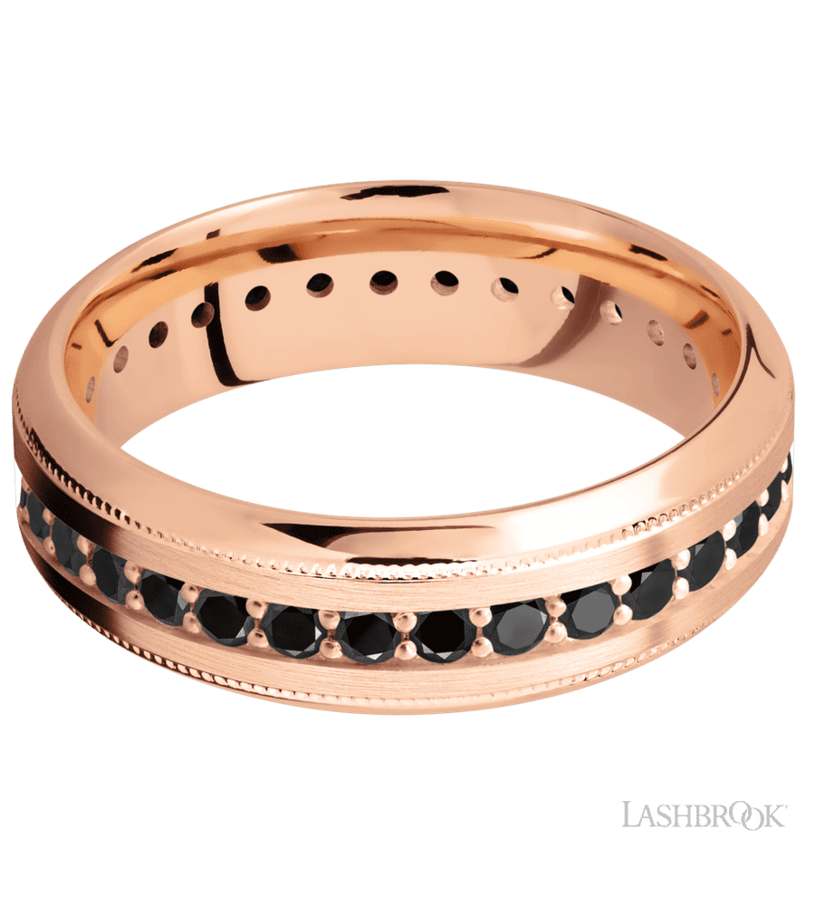 7 mm wide/High Bevel Milgrain/14K Rose Gold band with an Eternity arrangement of .03 carat Round Black Diamond stones in a Bead Channel setting.