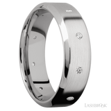 7 mm wide/High Bevel/14K White Gold band with a 9X Even arrangement of .03 carat Round Diamond stones in a Flush setting.