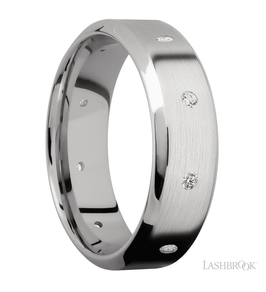 7 mm wide/High Bevel/14K White Gold band with a 9X Even arrangement of .03 carat Round Diamond stones in a Flush setting.