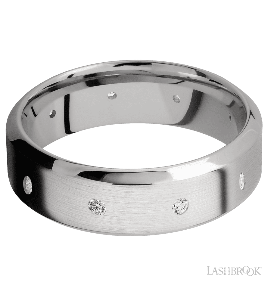 7 mm wide/High Bevel/14K White Gold band with a 9X Even arrangement of .03 carat Round Diamond stones in a Flush setting.
