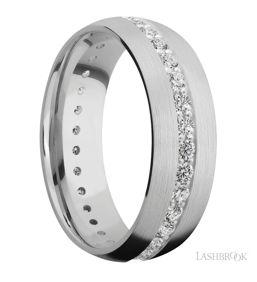 7 mm wide/Domed/14K White Gold band with an Eternity arrangement of .03 carat Round Diamond stones in a Bead Channel setting.