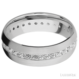 7 mm wide/Domed/14K White Gold band with an Eternity arrangement of .03 carat Round Diamond stones in a Bead Channel setting.