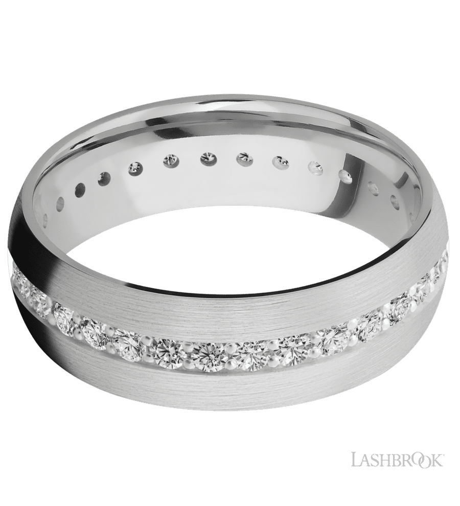7 mm wide/Domed/14K White Gold band with an Eternity arrangement of .03 carat Round Diamond stones in a Bead Channel setting.