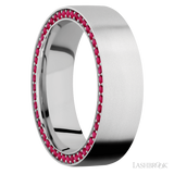 7 mm wide/Flat/14K White Gold band with a Side Eternity arrangement of .01 carat Round Ruby stones in a Bead Channel setting.