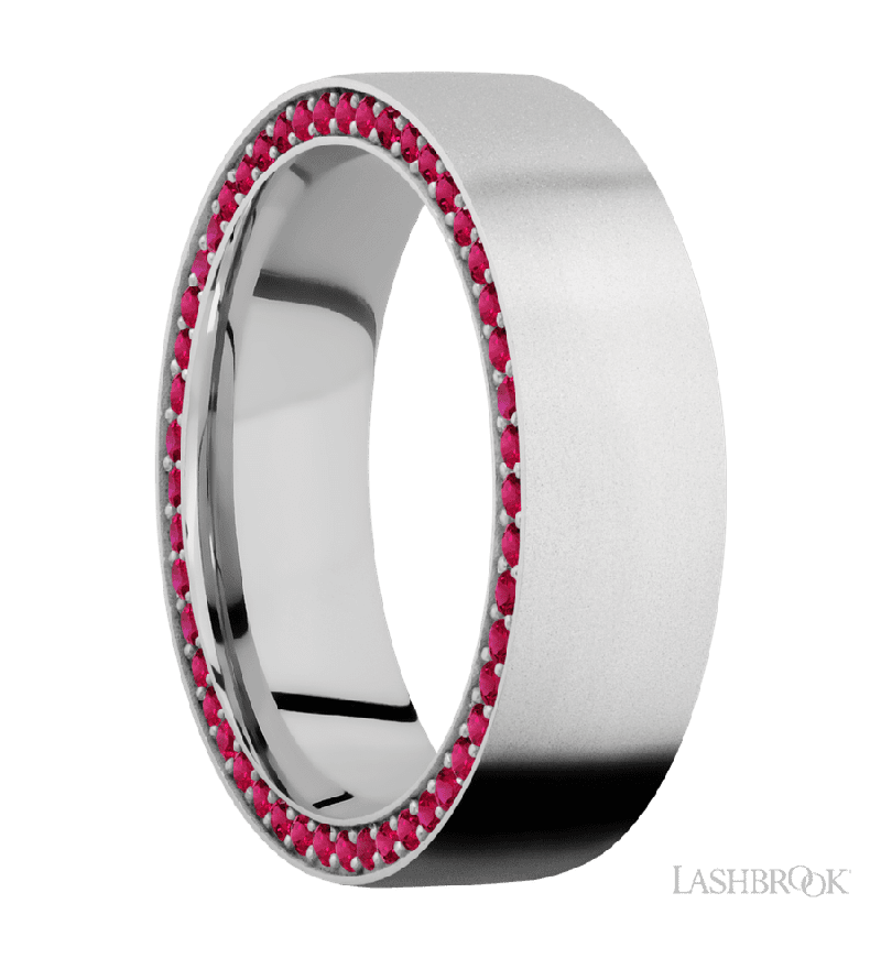 7 mm wide/Flat/14K White Gold band with a Side Eternity arrangement of .01 carat Round Ruby stones in a Bead Channel setting.