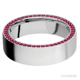 7 mm wide/Flat/14K White Gold band with a Side Eternity arrangement of .01 carat Round Ruby stones in a Bead Channel setting.
