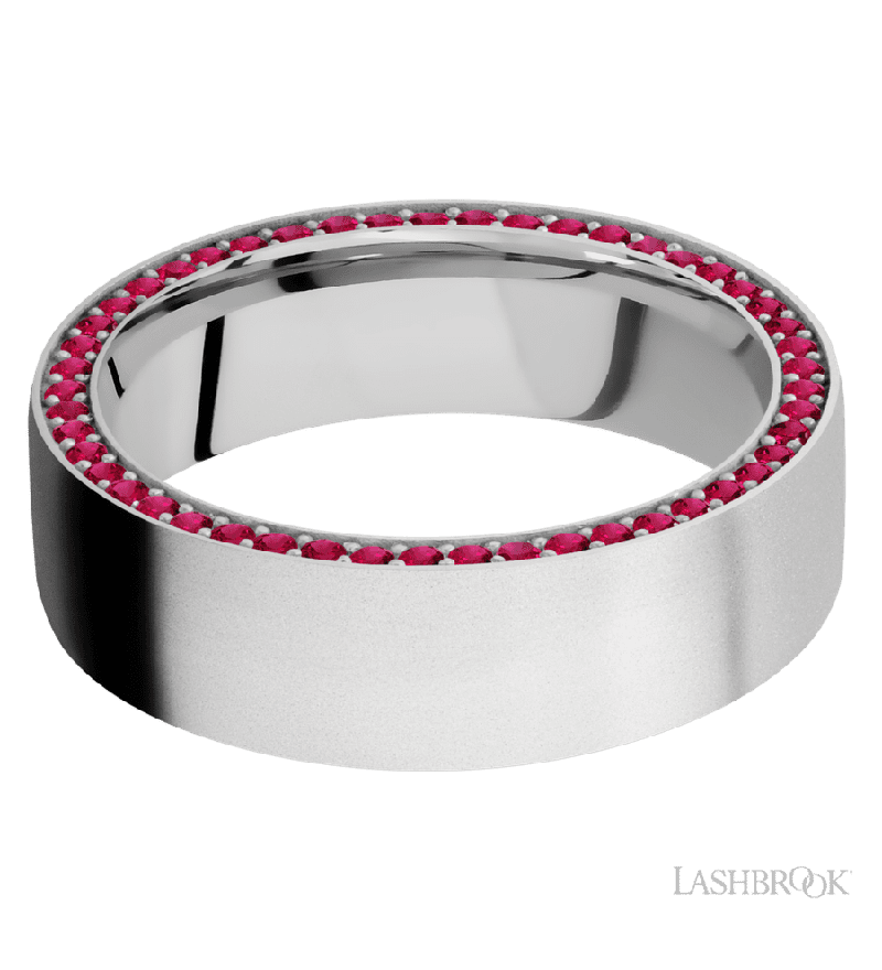 7 mm wide/Flat/14K White Gold band with a Side Eternity arrangement of .01 carat Round Ruby stones in a Bead Channel setting.