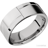 8 mm wide/Flat/14K White Gold band with a machined 3GOCHR pattern.
