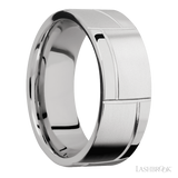 8 mm wide/Flat/14K White Gold band with a machined 3GOCHR pattern.
