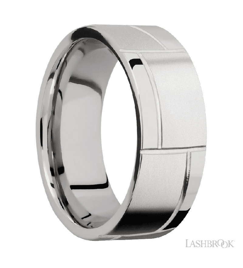 8 mm wide/Flat/14K White Gold band with a machined 3GOCHR pattern.