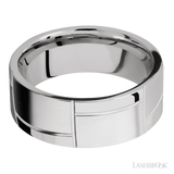 8 mm wide/Flat/14K White Gold band with a machined 3GOCHR pattern.