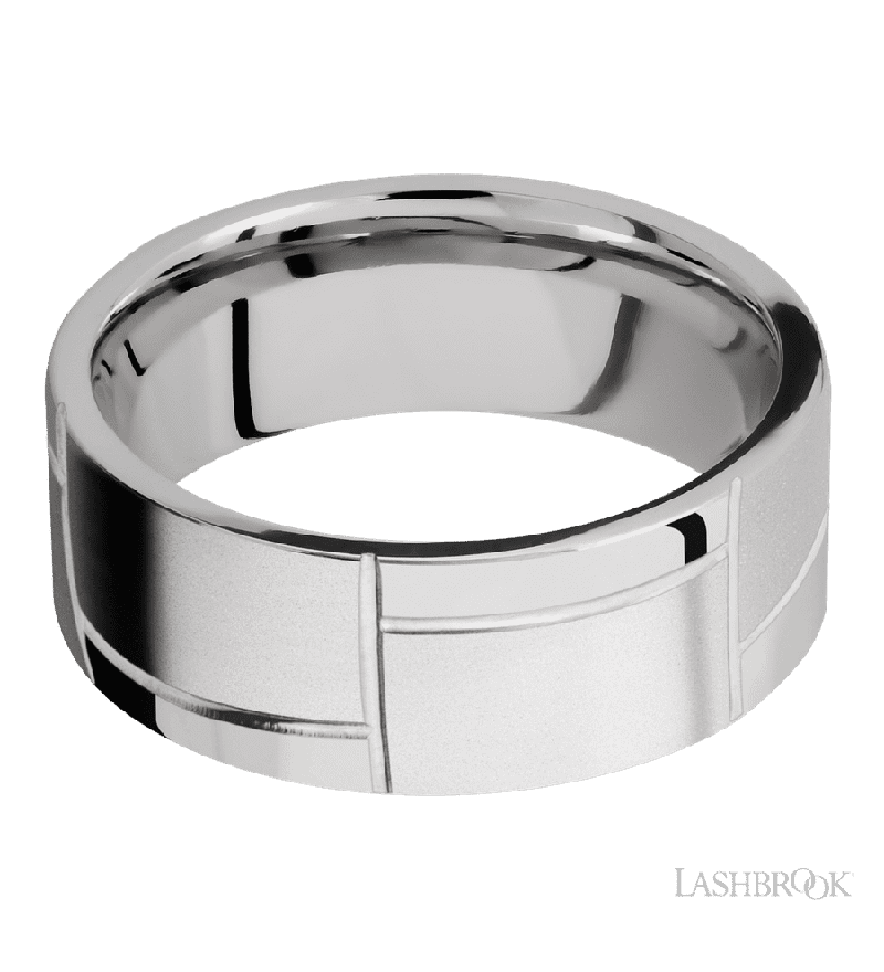 8 mm wide/Flat/14K White Gold band with a machined 3GOCHR pattern.