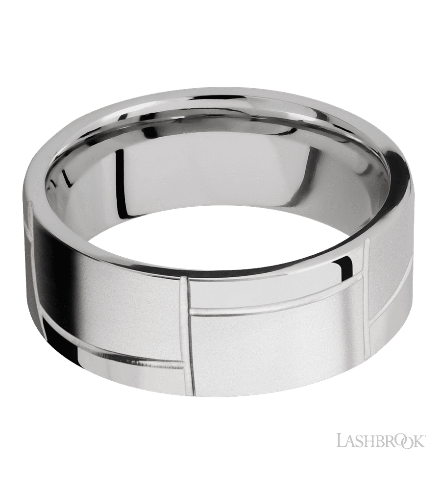 8 mm wide/Flat/14K White Gold band with a machined 3GOCHR pattern.